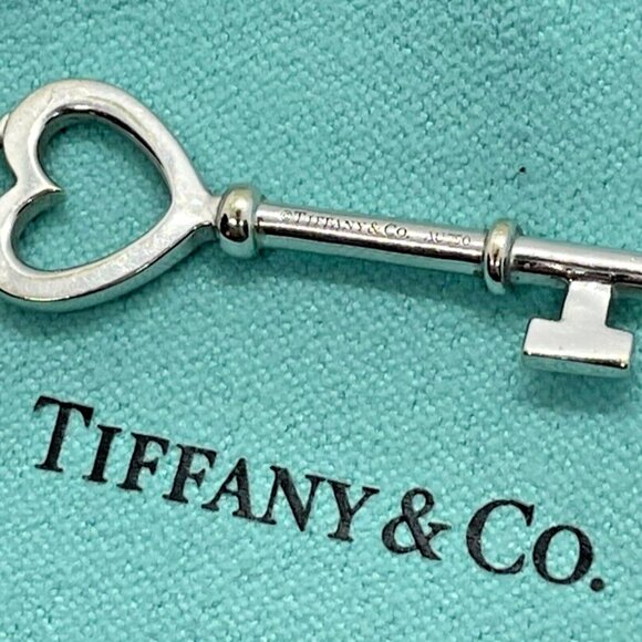 Tiffany & Co. 18k White Gold Diamond Heart Key Pendant 1.5 Inches w/ Pouch - Picture 8 of 11